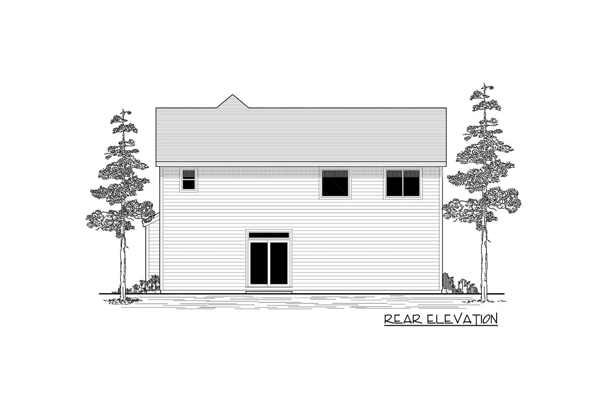 Rear elevation drawing of a two-story house with horizontal siding, a gabled roof, three windows on the upper level, and a sliding glass door.