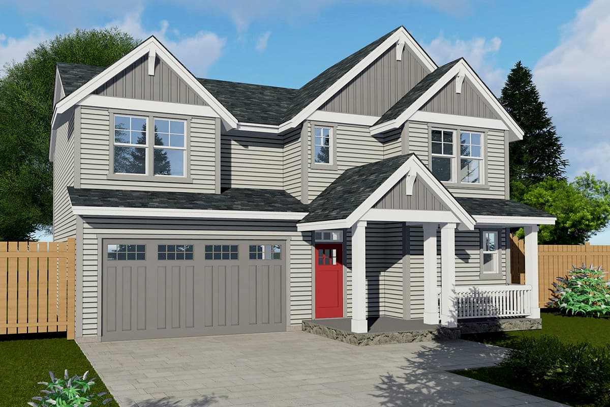 House plan exterior. Two-story with gabled roofline, dormers, and a front porch. Garage with carriage-style door.
