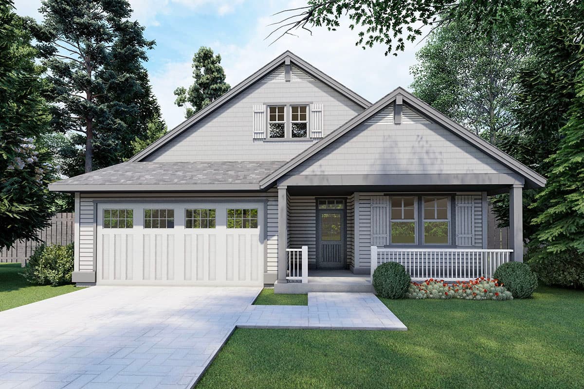 House plan exterior: One-story Craftsman home with a front porch, gables, and a two-car garage. Features include a shingle roof and shutters.