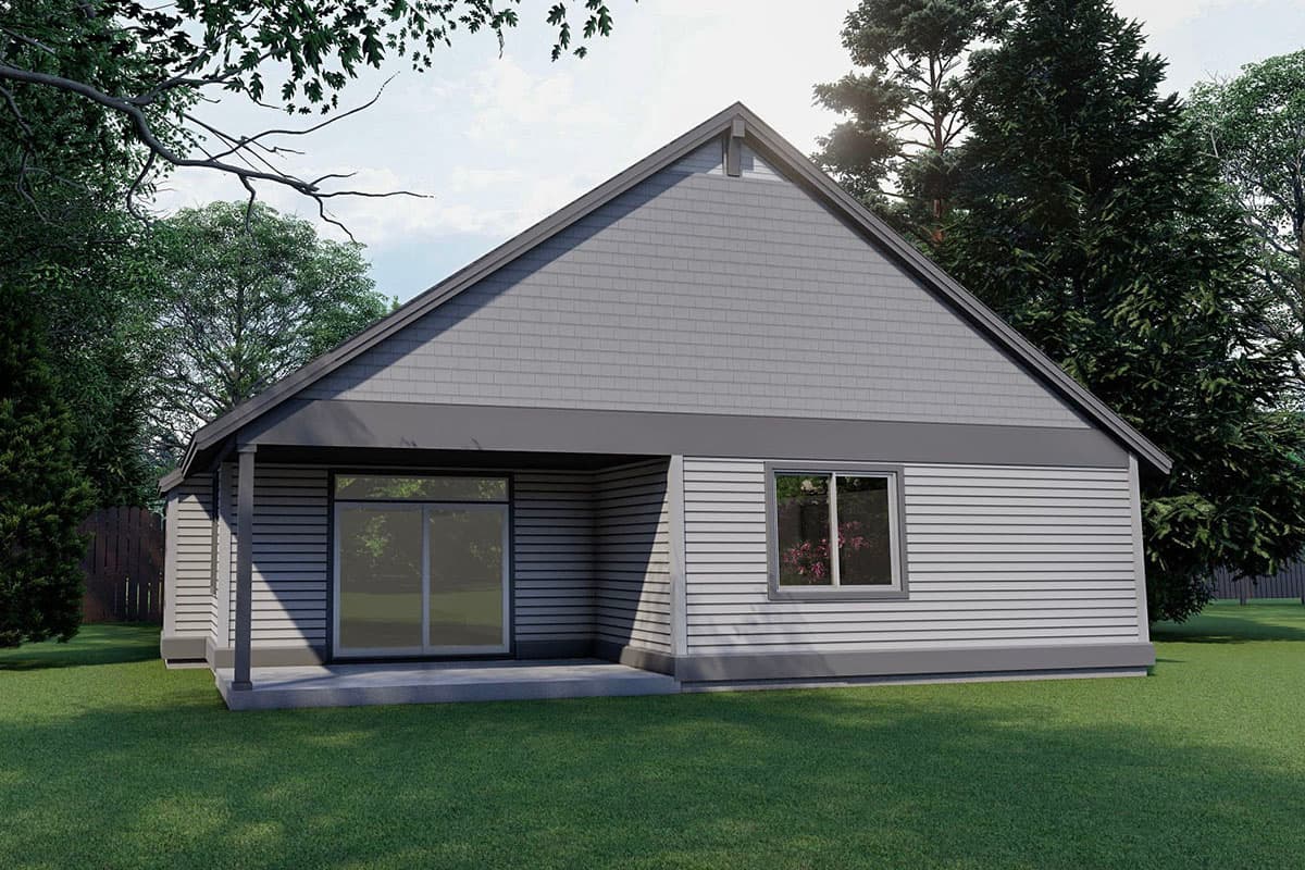 House plan exterior: Gable rooflines, horizontal siding, a covered porch with columns, and a single window.