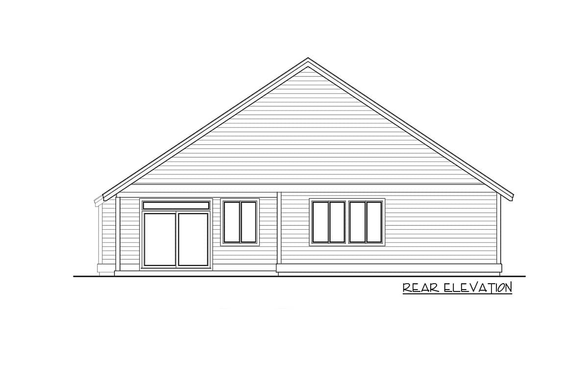 Rear elevation drawing of a house plan featuring a large gable, sliding doors, and three windows.