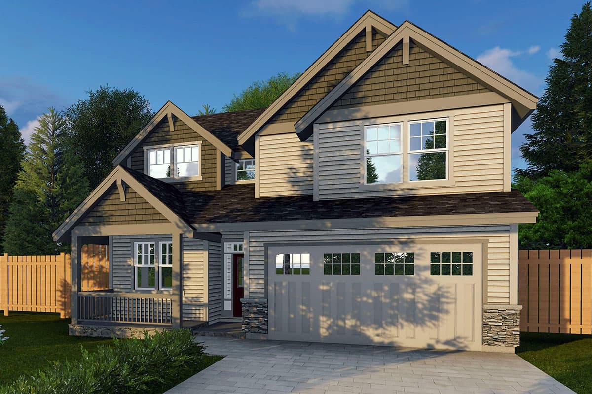 House plan exterior featuring Craftsman style, two stories, front porch, gables, and a garage with paneled doors.
