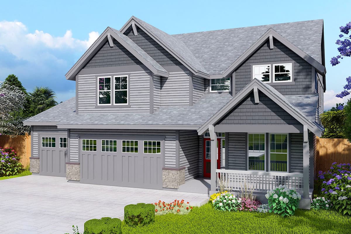 House plan exterior with Craftsman style, two stories, front-facing gables, porch, and attached garage with stone accents.