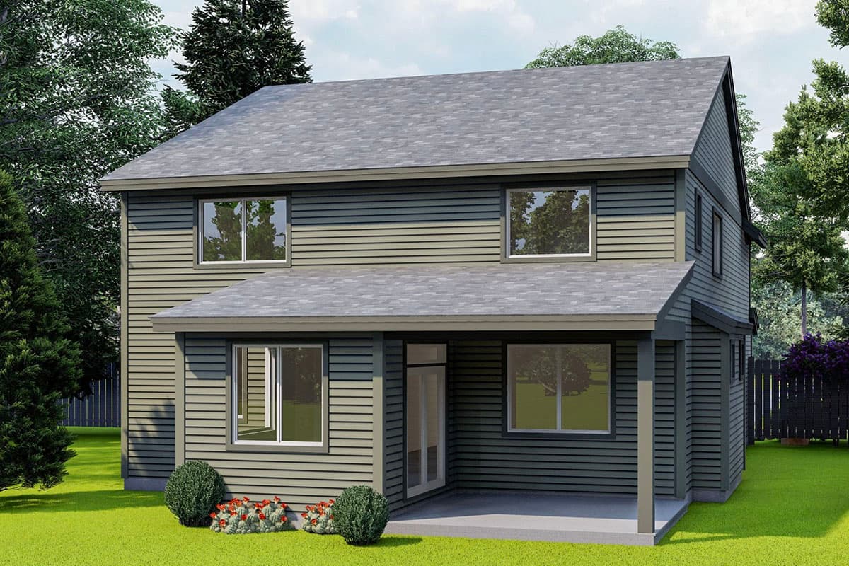 Two-story house plan exterior with horizontal siding, a gable roof, and a covered porch.