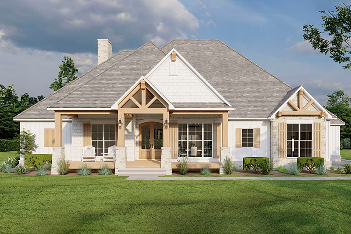 House plan exterior: Single-story Modern Farmhouse with gabled roof, exposed beams, stone accents, and a covered front porch.