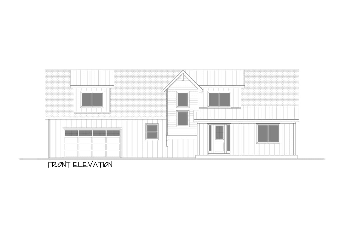 Front elevation drawing of a two-story house with a garage, gable, dormer, and covered entry.
