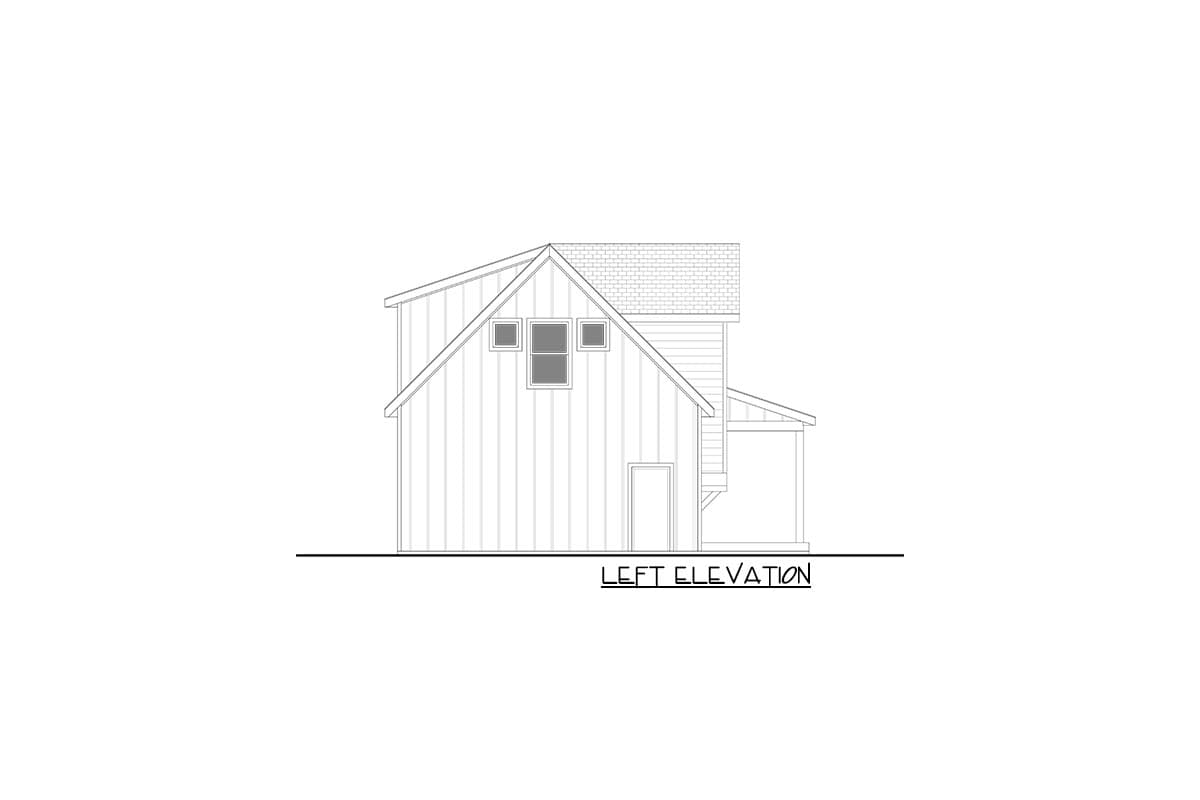 Left elevation drawing of a house plan featuring vertical siding, gables, a dormer, and a porch.