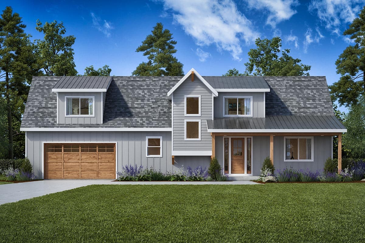 House plan exterior with two stories, Craftsman style. Features include a front porch, gables, dormers, and an attached garage.