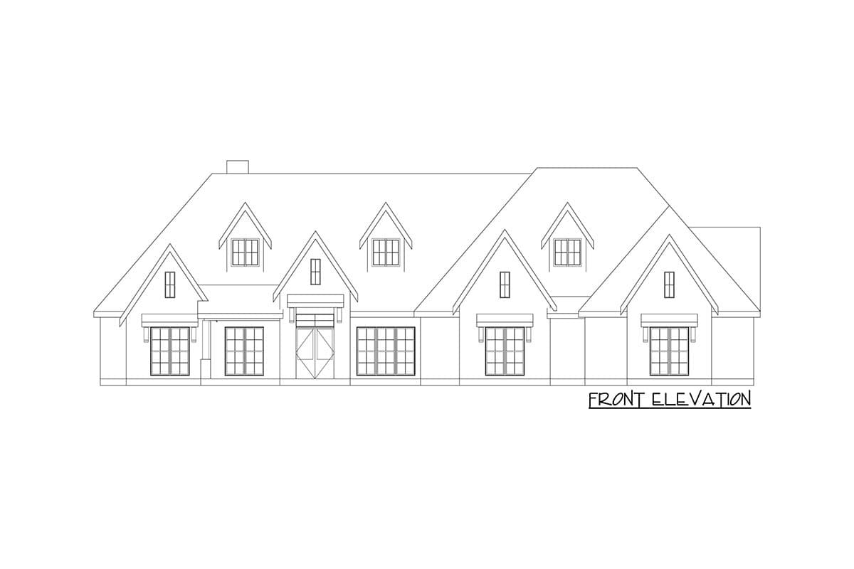 Front elevation drawing of a two-story house with dormers, multiple gables, and a prominent roofline.