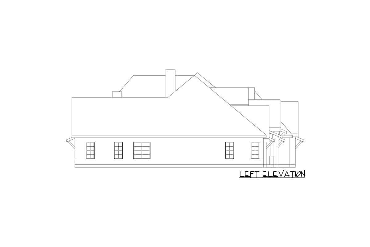 Left elevation of a house plan showing multiple rooflines, a chimney, and six windows.