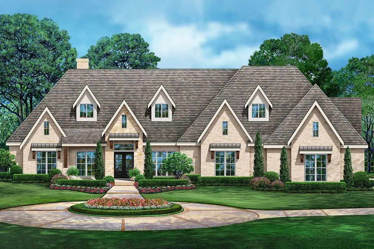 House plan exterior featuring a two-story design. Highlights include gabled roof, dormers, and brick facade. The house has a circular driveway.