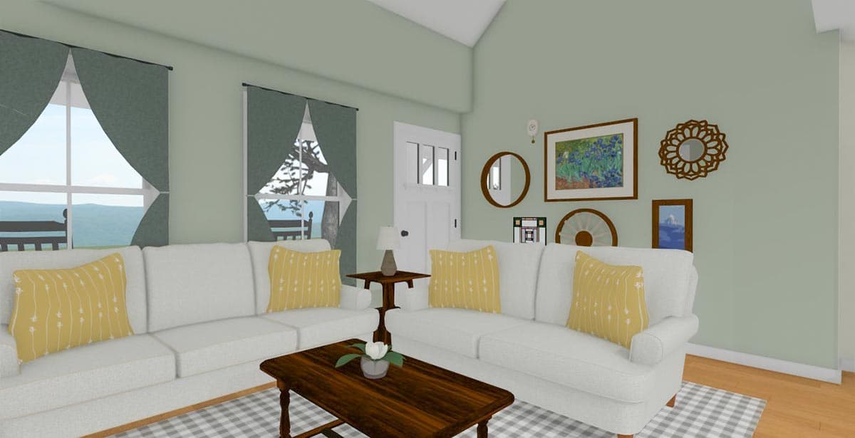 Living room rendering with white sectional sofa, wood coffee table, and decorative wall art.