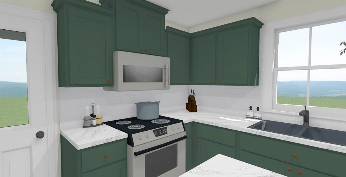 Kitchen rendering with dark green cabinets, white subway tile backsplash, stainless steel microwave, and a double sink.