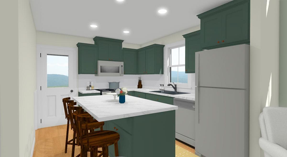 Kitchen with dark green cabinets, white quartz countertops, island with seating, stainless steel appliances, and a door leading outside.