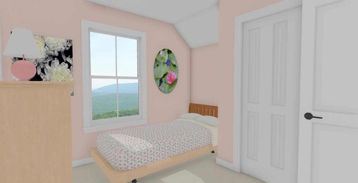 Bedroom rendering with a twin bed, dresser, single window overlooking hills, and two white doors.