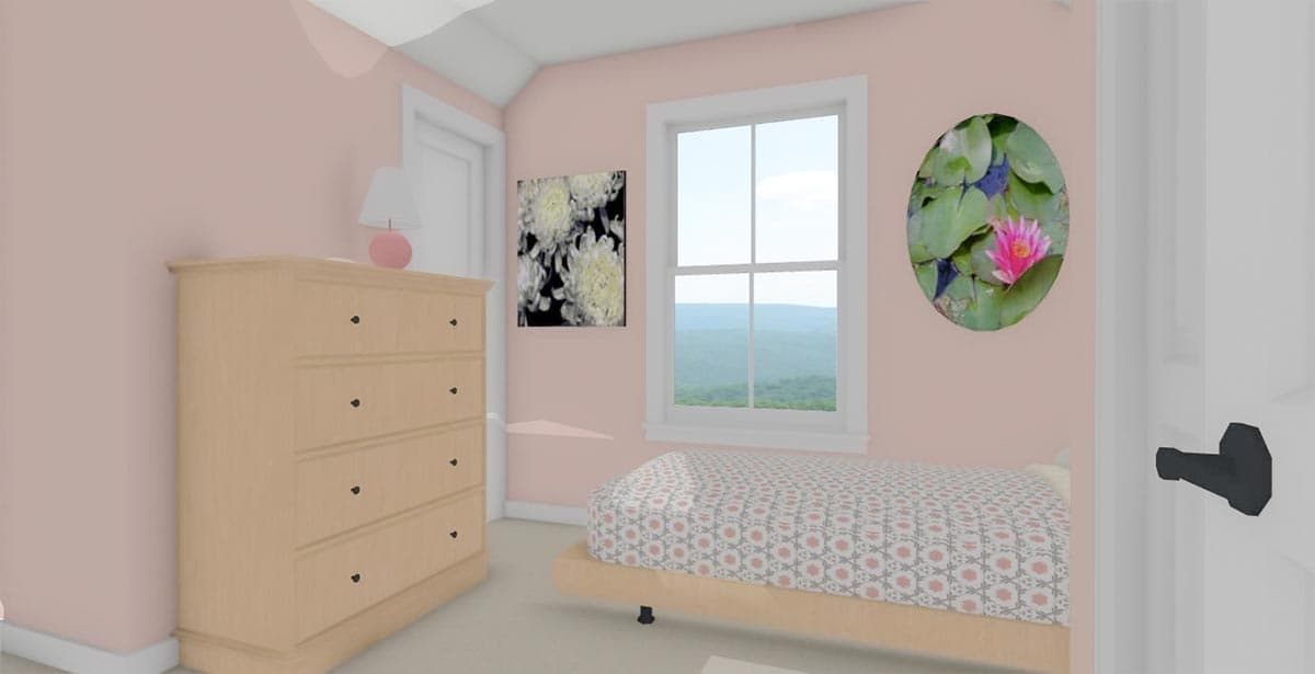 Interior rendering of a bedroom with a wooden dresser, bed, and a large window overlooking hills.