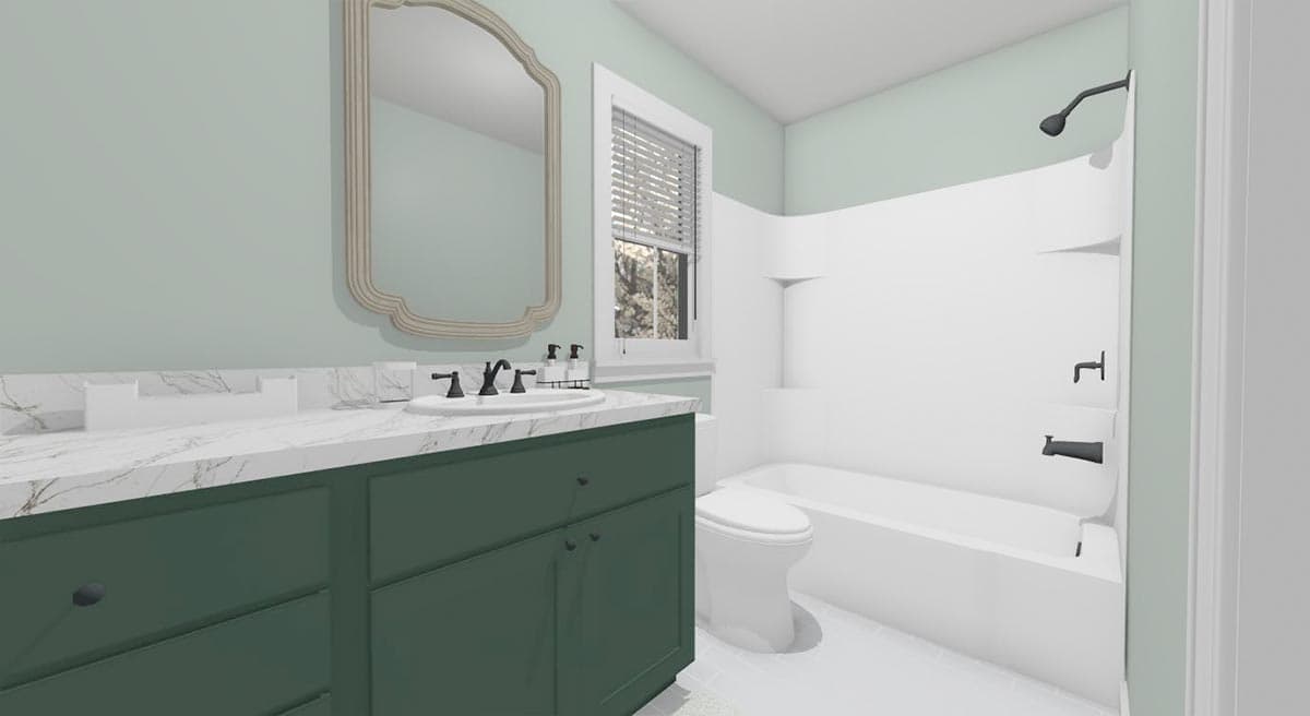 Bathroom with green vanity, white countertop, sink, toilet, and white tub/shower combination.