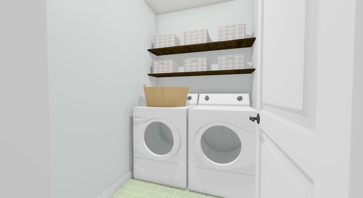 Laundry room with stacked washer and dryer, three shelves above, and light green tile floor.