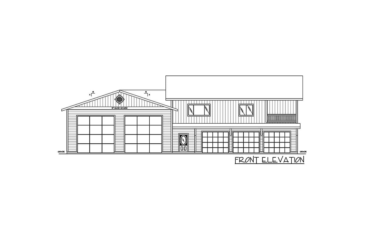 Front elevation house plan with gable roof, three-car garage, front door, and upper-level balcony.