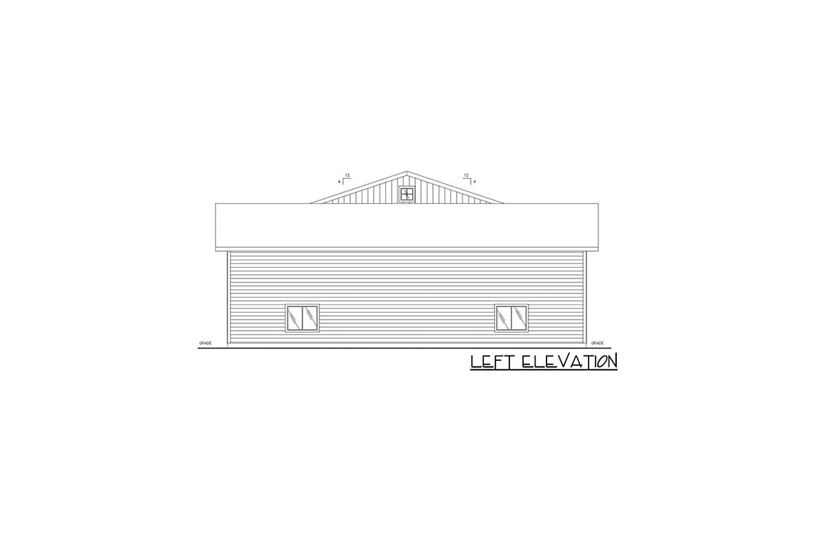 Left elevation house plan drawing showing siding, two windows, and a gabled dormer with a window.