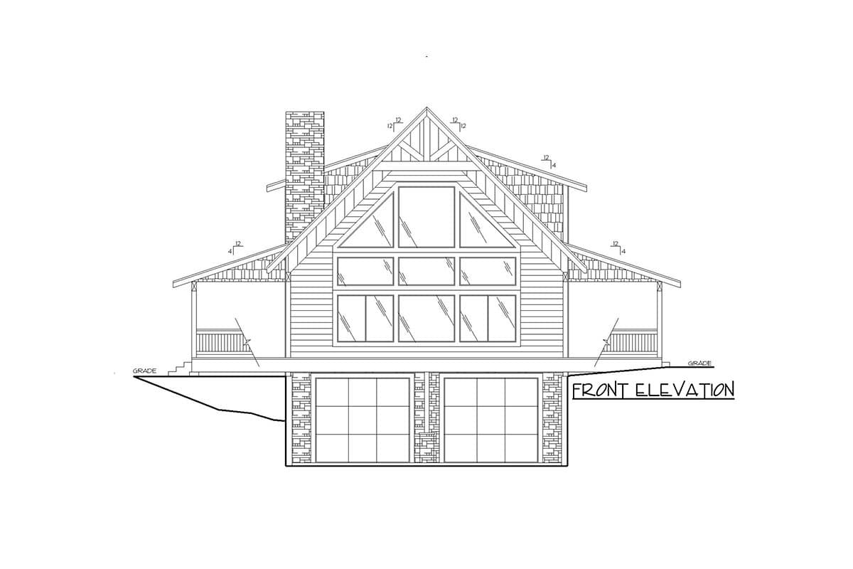 Front elevation drawing of a two-story house plan with a prominent gable, large multi-pane windows, stone chimney, and a two-car garage.