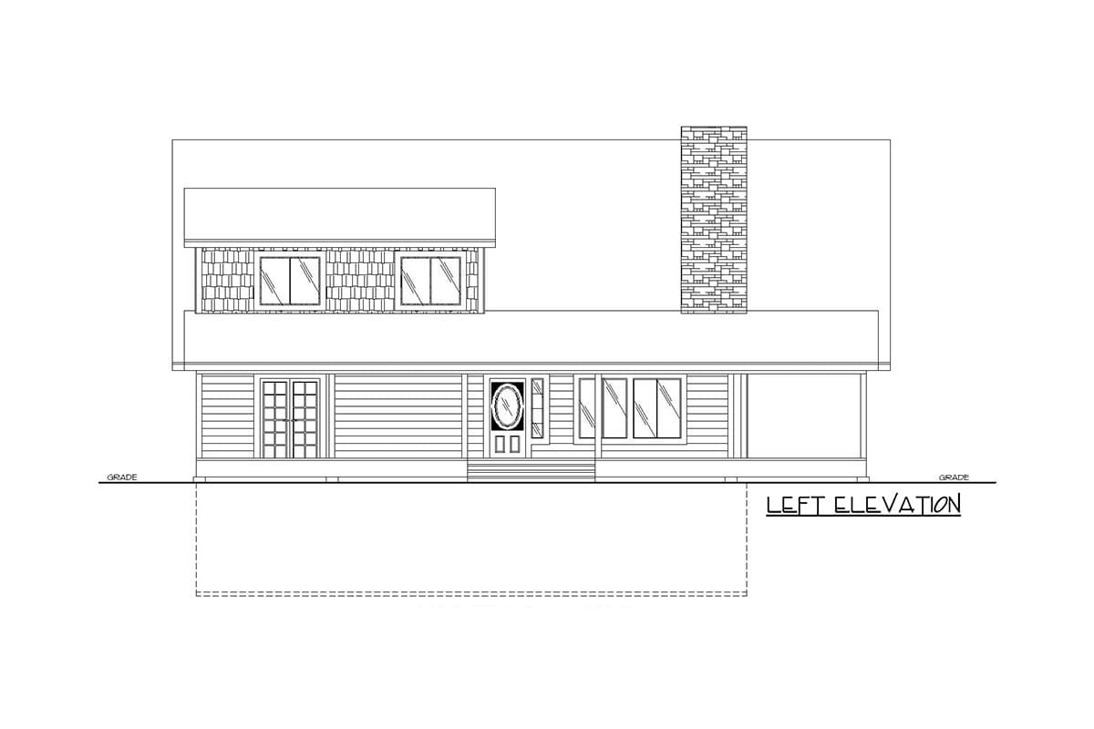 Left elevation of a house plan showing a porch, double entry doors, a fireplace chimney, and upper-level windows.
