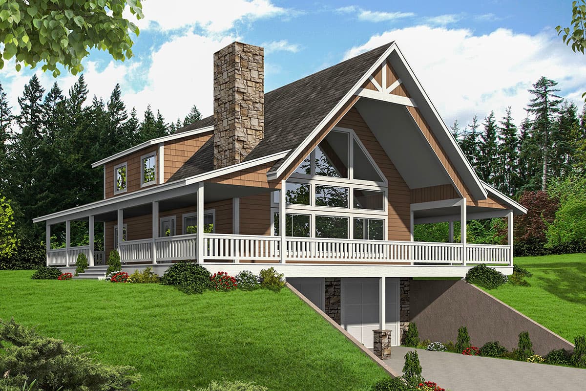 House plan exterior. Two-story with a gable roof, wrap-around porch, stone chimney, and an attached garage. Large windows on the front.