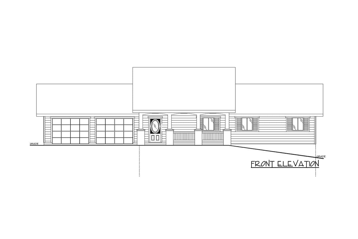 Front elevation drawing of a single-story house plan with a two-car garage, covered entry porch, and multiple windows.