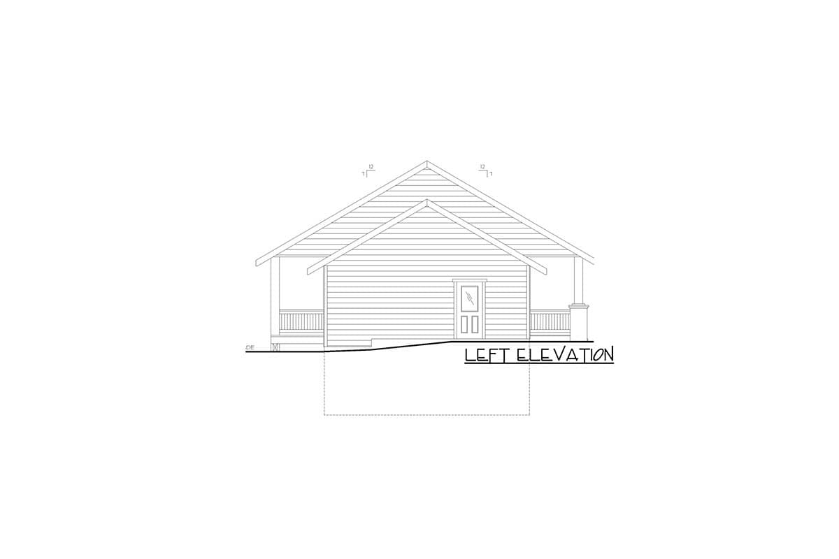 Left elevation drawing of a house with a gable roof, porch, and horizontal siding.