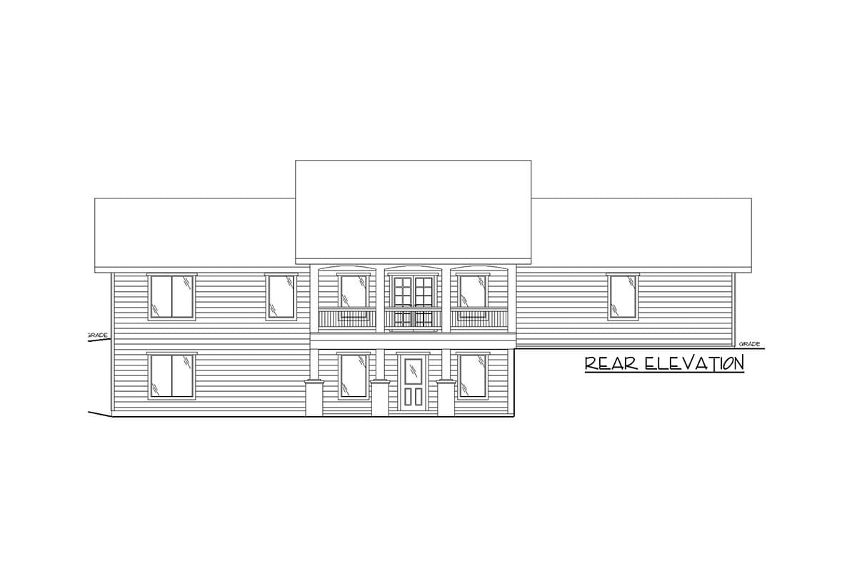 Rear elevation drawing of a two-story house plan with a central upper balcony and double-door entry.