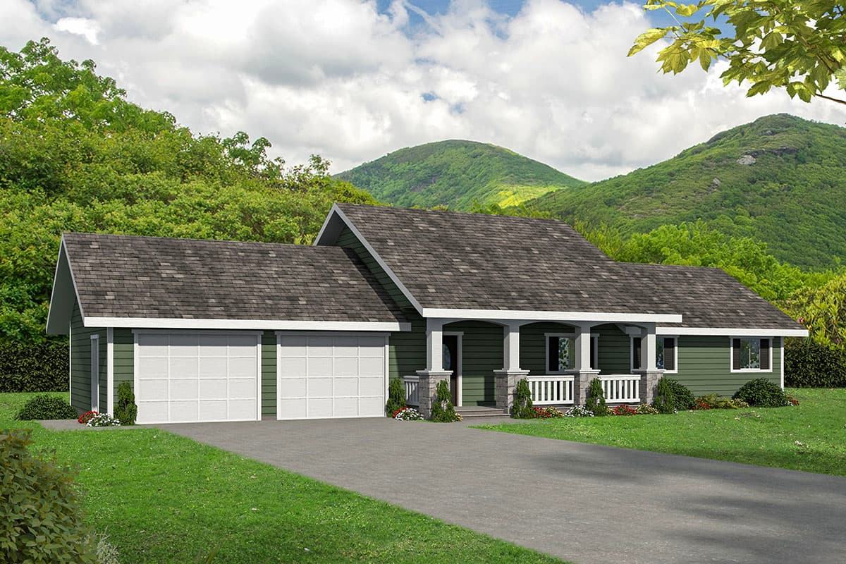 House plan exterior. Ranch style with a front porch, two-car garage, and gable roof. Siding is green with white trim.