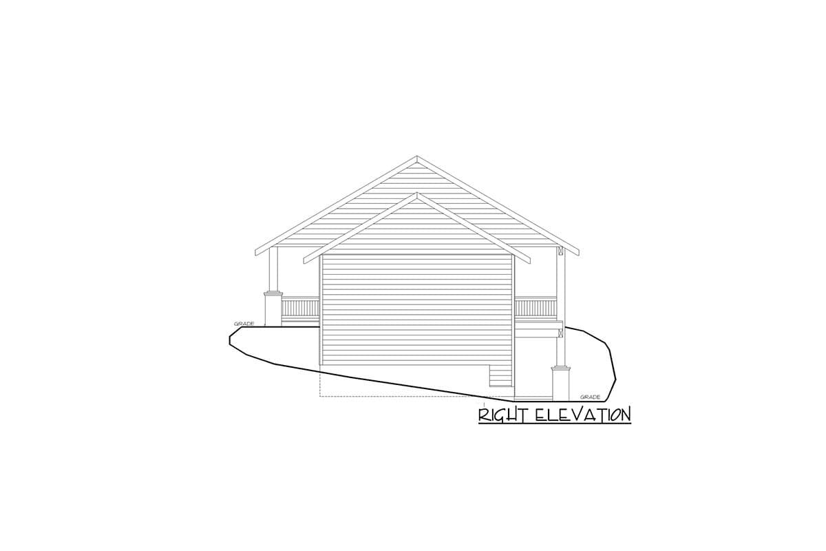 Right elevation drawing of a house with gabled roof, covered porches, and horizontal siding.