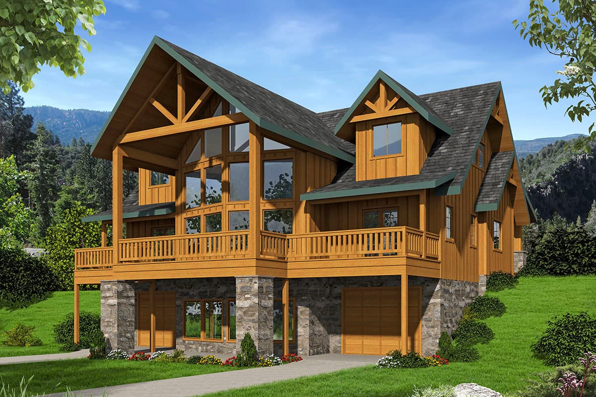 House plan exterior featuring a two-story design in a timber frame style. Includes a gabled roof, balconies, and a garage on the lower level.