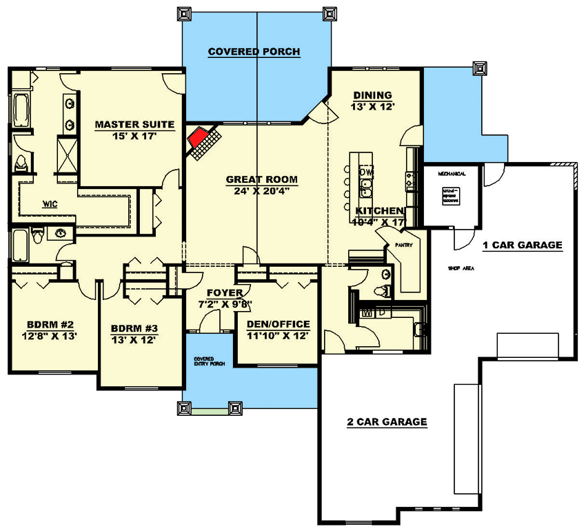 Plan 35574GH: 2500 Square Foot 4-Bed House Plan with 3-Car Split Garage - Floor Plan - Main Level - New American, Ranch