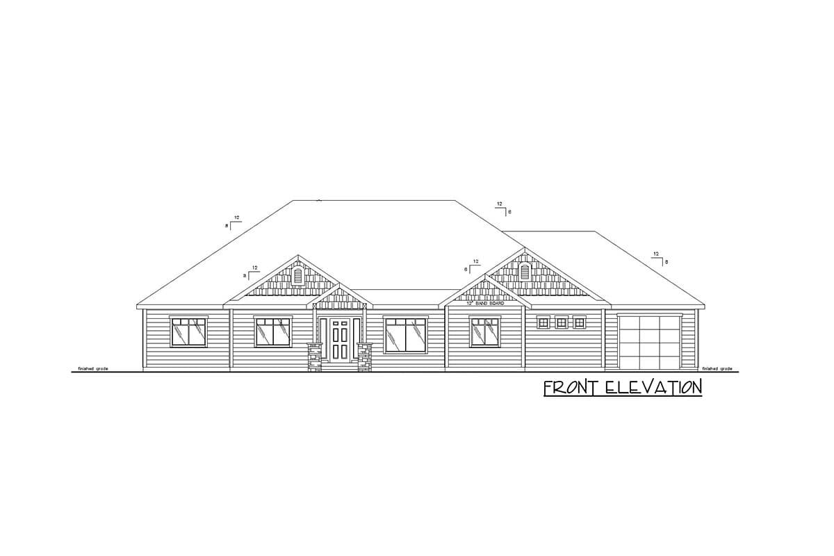 Front elevation house plan showing a one-story home with a central entrance, gables, and attached garage.
