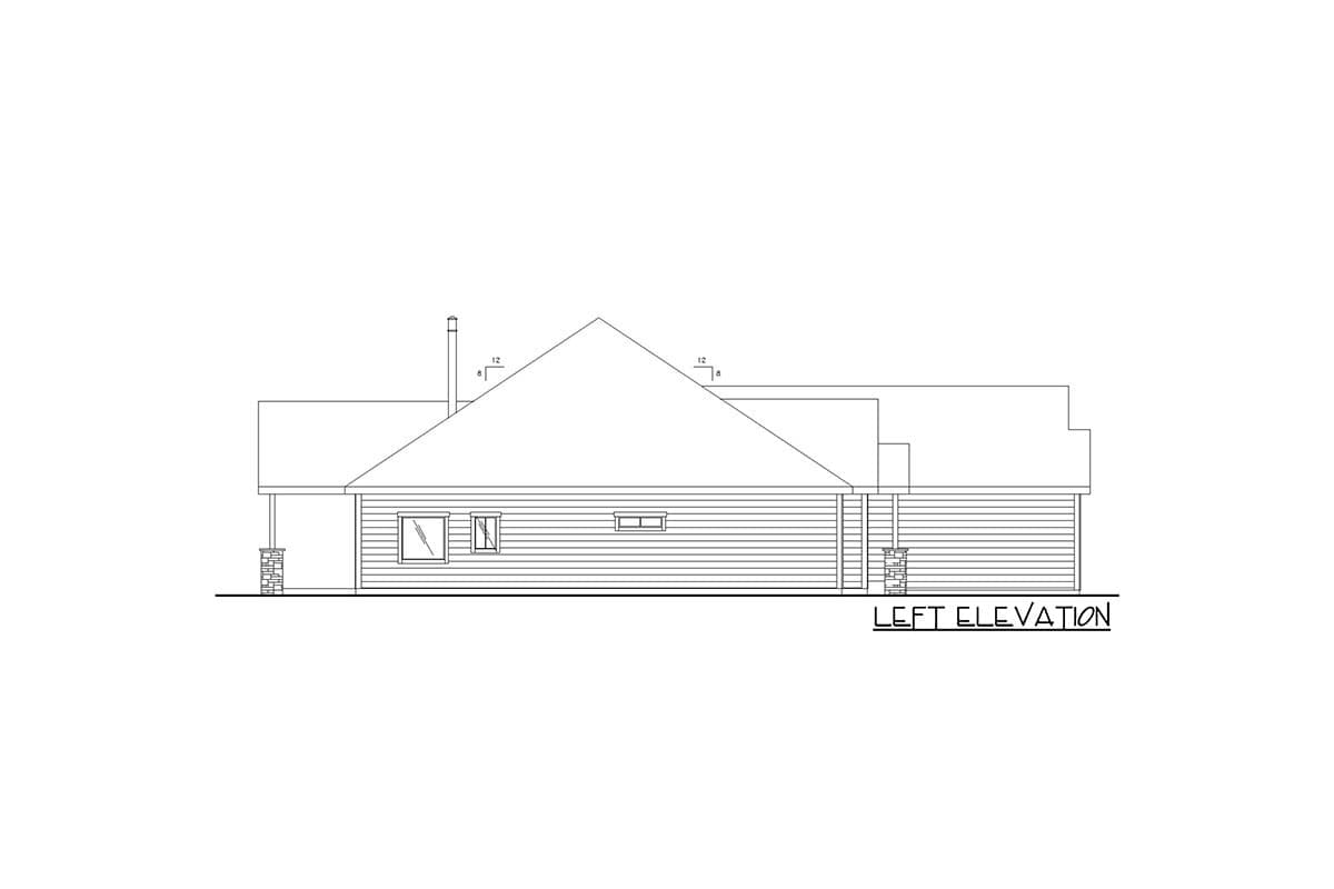 Left elevation drawing of a single-story house plan with horizontal siding, a prominent gable, and a covered porch with stone pillars.