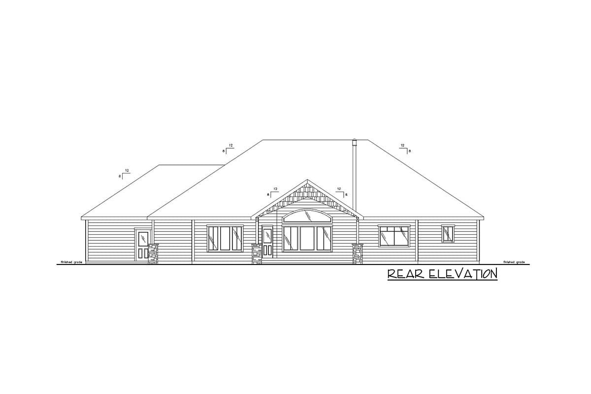 Rear elevation house plan drawing showing a single-story home with multiple gables, a large arched window, and horizontal siding.
