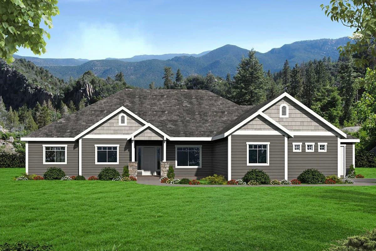 House plan exterior. Ranch style with a low-pitched roof, multiple gables, and a prominent entryway. Siding is dark gray.