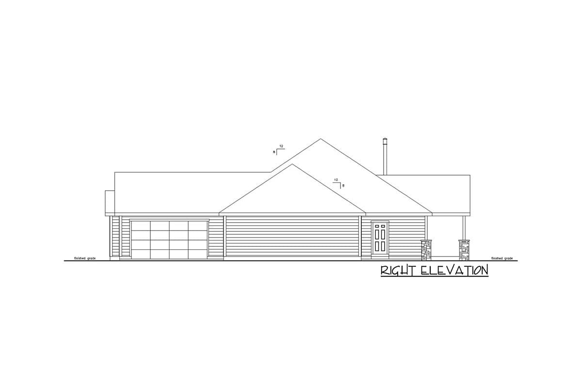 Right elevation house plan for a single-story home with a side-entry garage, pitched roof, and covered front porch.