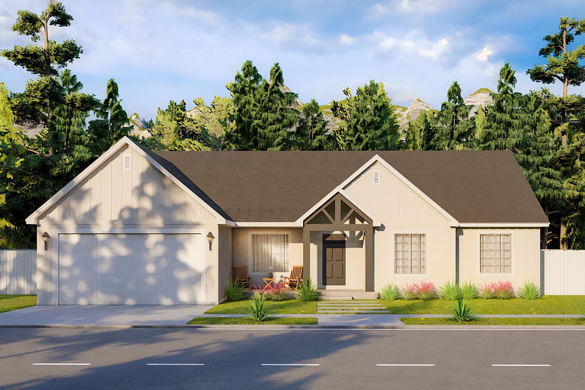 House plan exterior. One-story Modern Farmhouse with a front-facing garage, gabled roof, and covered entry porch with decorative beams.
