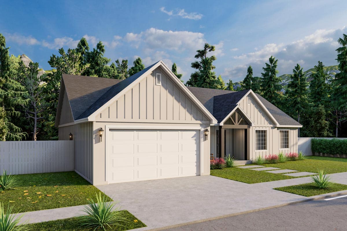 House plan exterior: Modern Farmhouse style, one story, with board and batten siding, gabled roof, and attached garage.