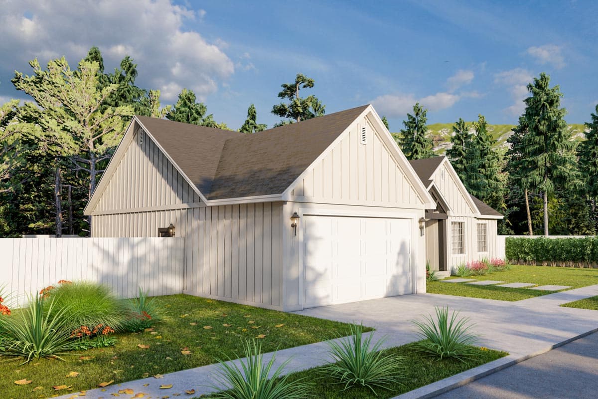 Modern Farmhouse house plan exterior with board-and-batten siding, a prominent gable, and a two-car garage.