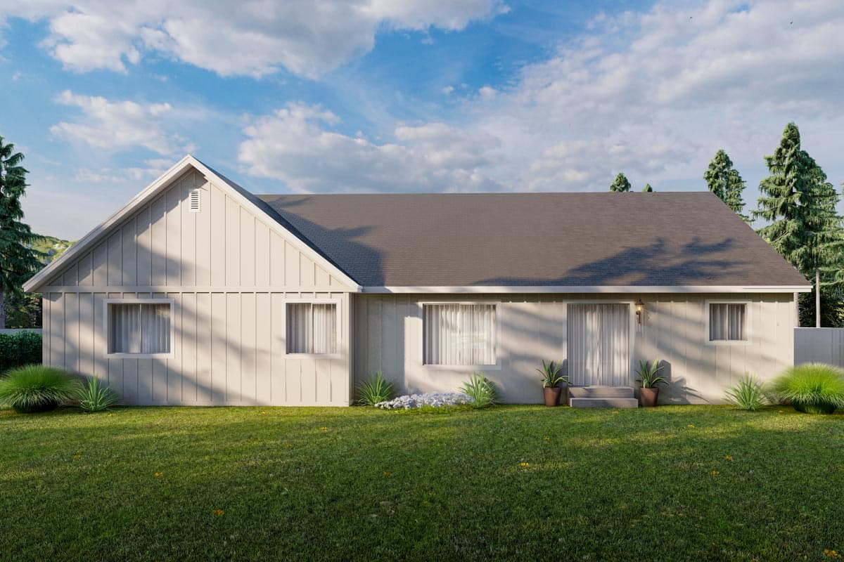 House plan exterior: single-story Modern Farmhouse with board-and-batten siding, gabled roof, and entrance porch.
