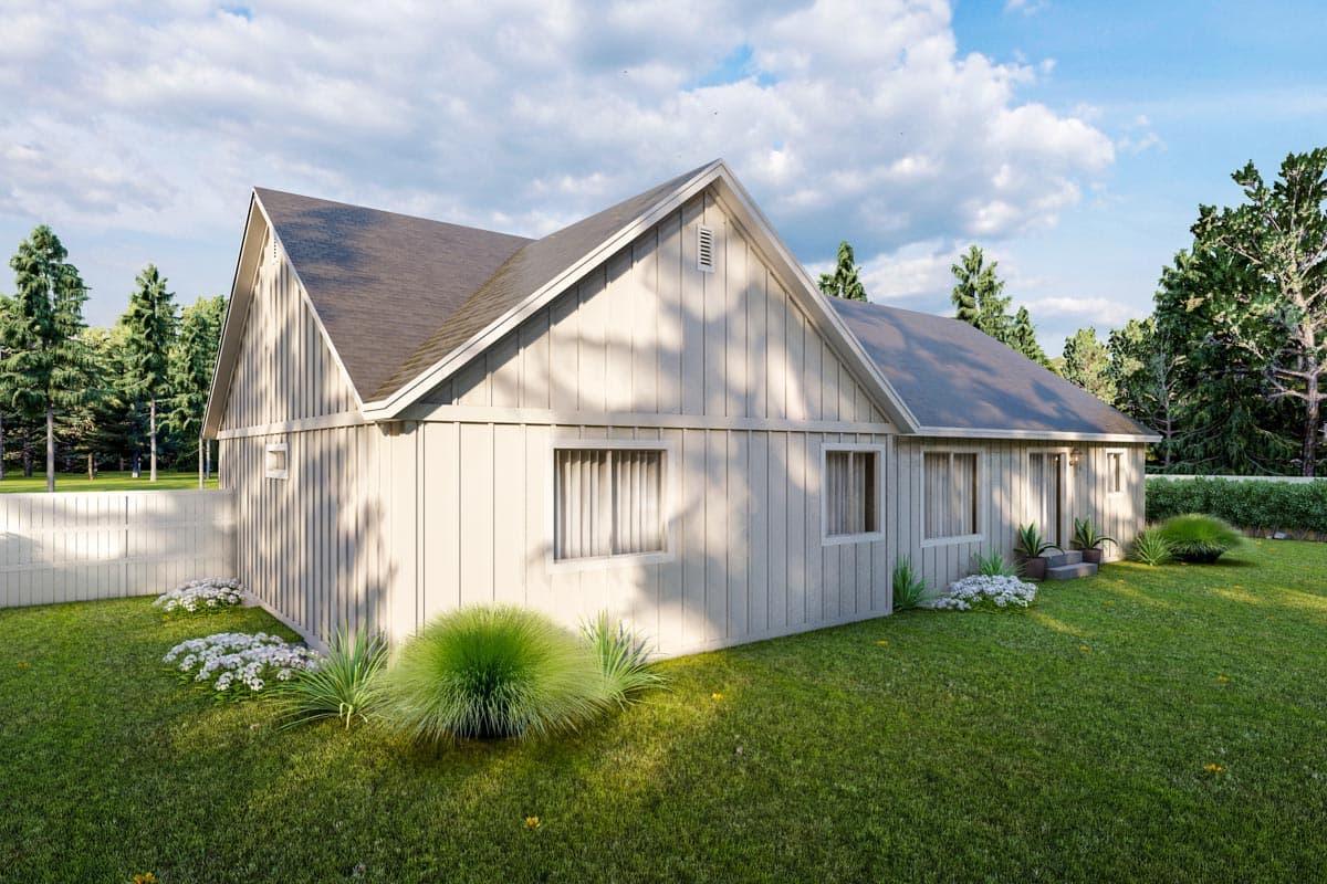 House plan exterior: Modern Farmhouse style, one story, vertical siding, prominent gable, multiple windows, and a dark asphalt shingle roof.