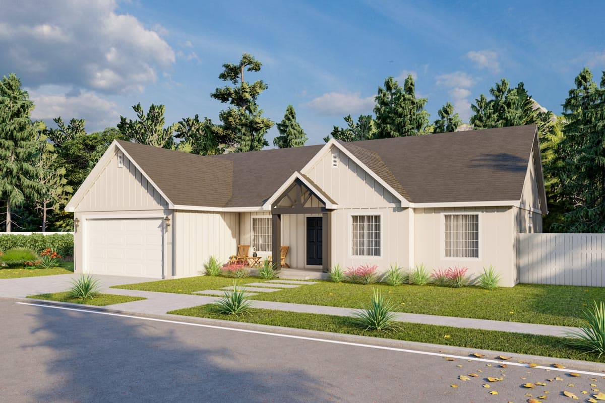 House plan exterior: Modern Farmhouse style, single-story with attached garage, prominent gable, and covered entry.