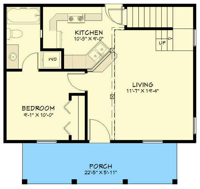 Plan 430825SNG: 750 Square Foot Farmhouse-style ADU with 2-Story Living Room - Floor Plan - Main Level - Cottage, Country, Farmhouse, Traditional