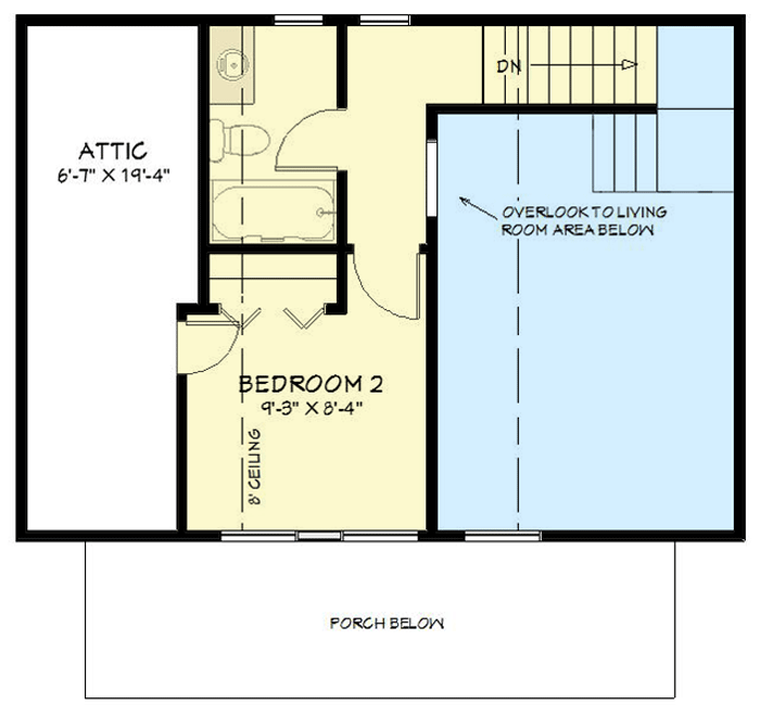 Plan 430825SNG: 750 Square Foot Farmhouse-style ADU with 2-Story Living Room - Floor Plan - 2nd Floor - Cottage, Country, Farmhouse, Traditional