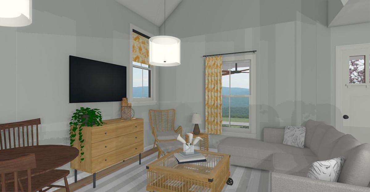 Interior rendering of a living space with vaulted ceiling, sectional sofa, coffee table, dresser, and large windows.