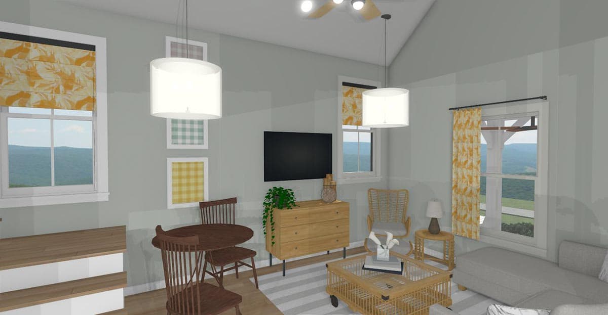 Living room rendering with vaulted ceiling, fireplace, and large windows.