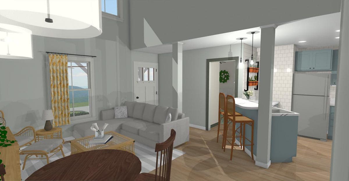 Plan 430825SNG: 750 Square Foot Farmhouse-style ADU with 2-Story Living Room - Image #5 - Cottage, Country, Farmhouse, Traditional